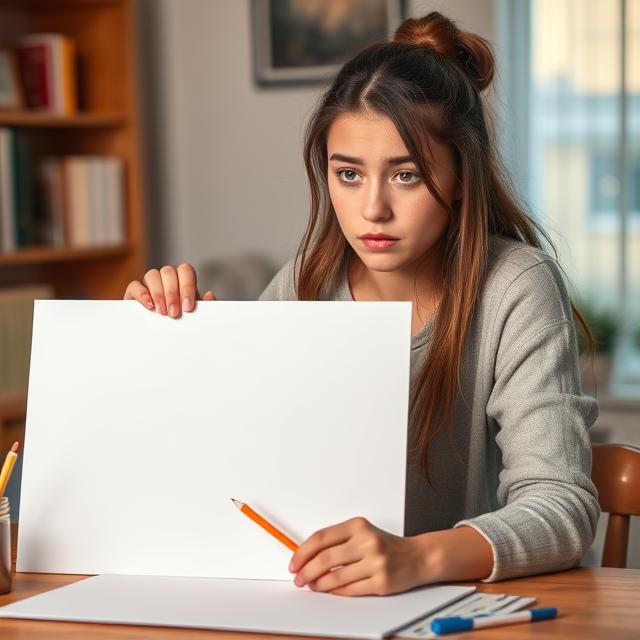 An artist sitting with a blank canvas,feeling lost motivation to create.